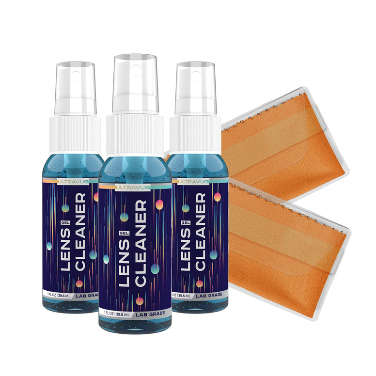 ULTRAVUE Eyeglass Gel Lens Cleaner Spray Kit - 3 x 1oz Gel Eyeglasses Cleaner Spray Bottle + 2 Microfiber Cloth for Cleaning - Safe for All Lenses (AR Coated Included), Eyeglasses and Screens