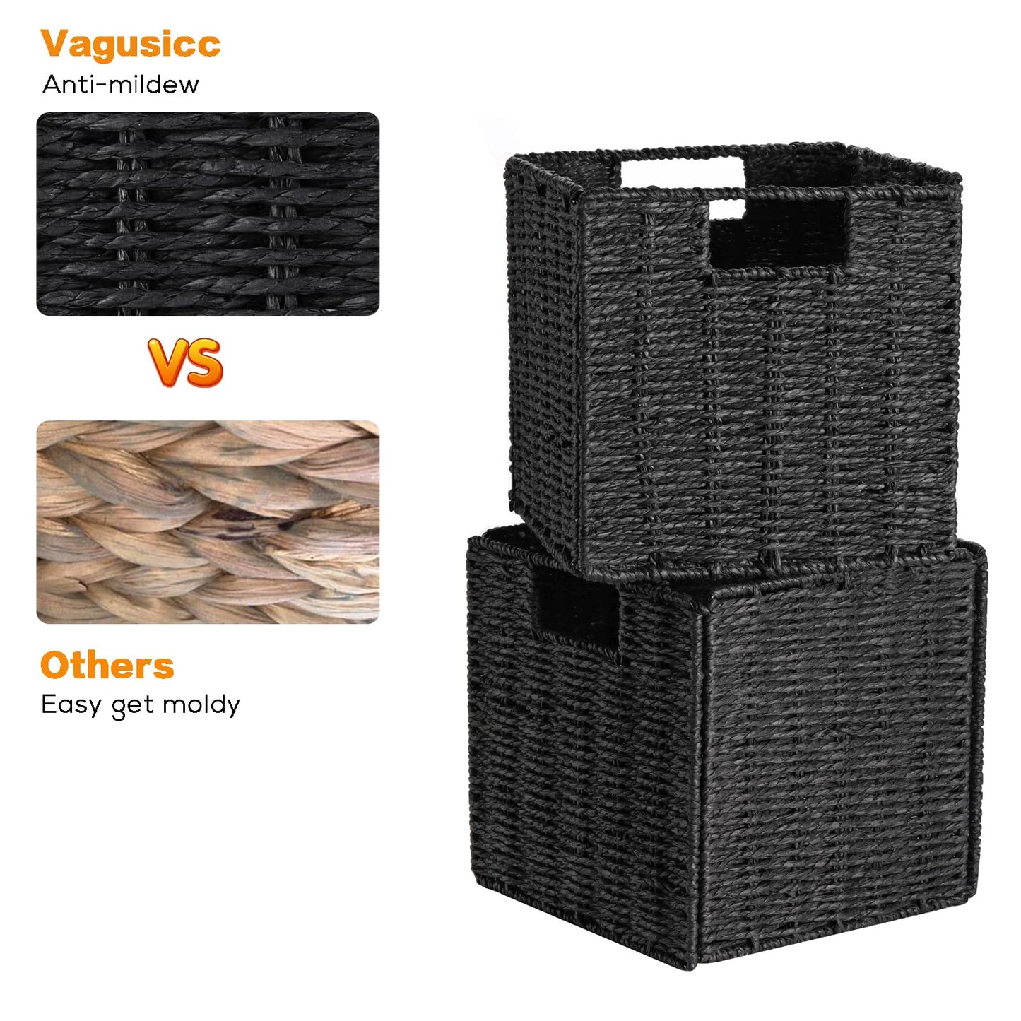 Vagusicc Wicker Baskets for Storage, Set of 2 Hand-Woven Storage Baskets for Shelves, Foldable Cube Storage Baskets Bins with Handles, 9 inch Small Wicker Baskets for Organizing Pantry Bedroom, Black