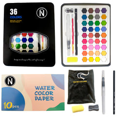 NAQASO Watercolor Painting Set, 36 WaterColors Kit with 1 Nylon & 1 water Brush, 10 Watercolor Papers, 1 Sponge, 1 Pencil, Sharpner & Bag, Painting Supplies for Kids, Adults, Beginners & Artists