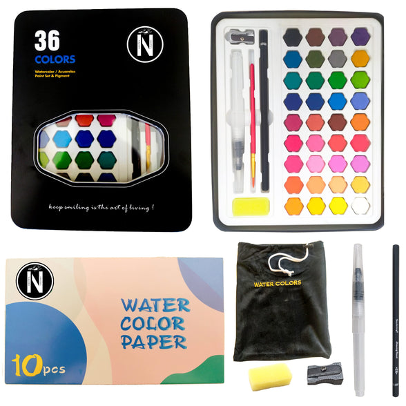 NAQASO Watercolor Painting Set, 36 WaterColors Kit with 1 Nylon & 1 water Brush, 10 Watercolor Papers, 1 Sponge, 1 Pencil, Sharpner & Bag, Painting Supplies for Kids, Adults, Beginners & Artists
