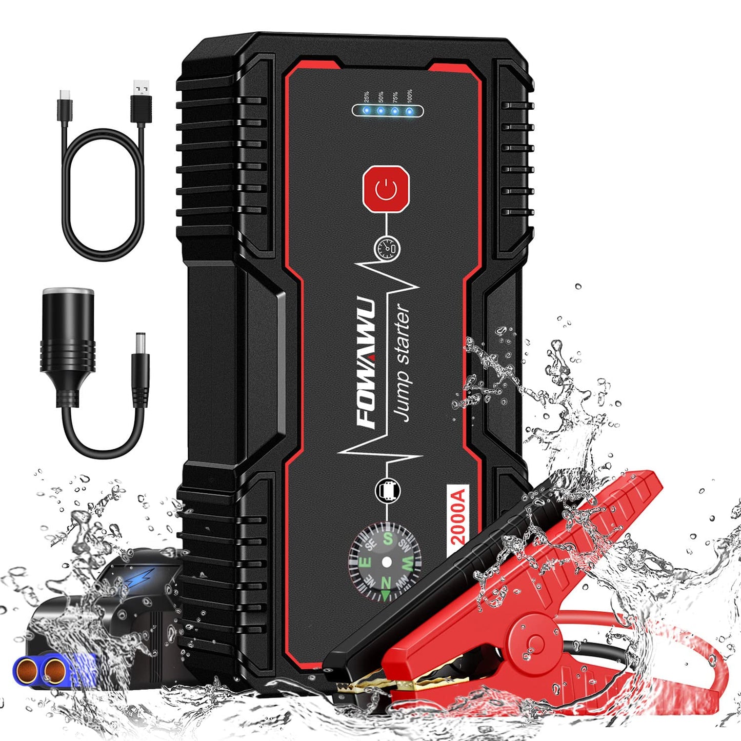 FOWAWU 20800mAh 2000A Car Jump Starter,Water-Resistant Jump Starter Battery Pack(7.5L Gas,6.0L Diesel),Battery Jumper Starter Portable with USB/DC 12V/LED Light