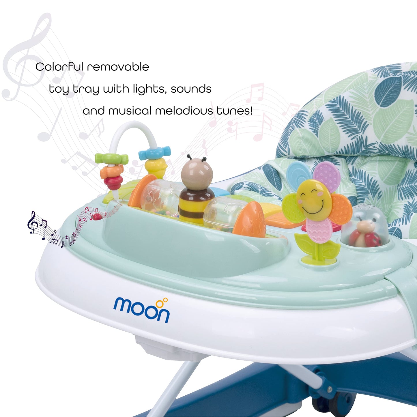 MOON Chase Walker. 6 Months To 18 Months. Removable Music Box. Well Padded Seat. Strong Metal Frame. Plastic Body. Removable Music Tray. Wider Base Design. Height Adjustment. Blue