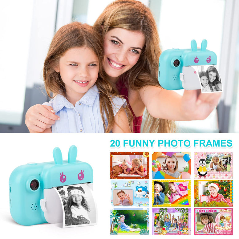 MINIBEAR Instant Camera for Kids, Digital Camera for Girls, Toddler Camera with Print Paper, 40MP Video Child Selfie Toy Camcorder, 2.4 Inch Screen, 32GB TF Card (Sky Blue)