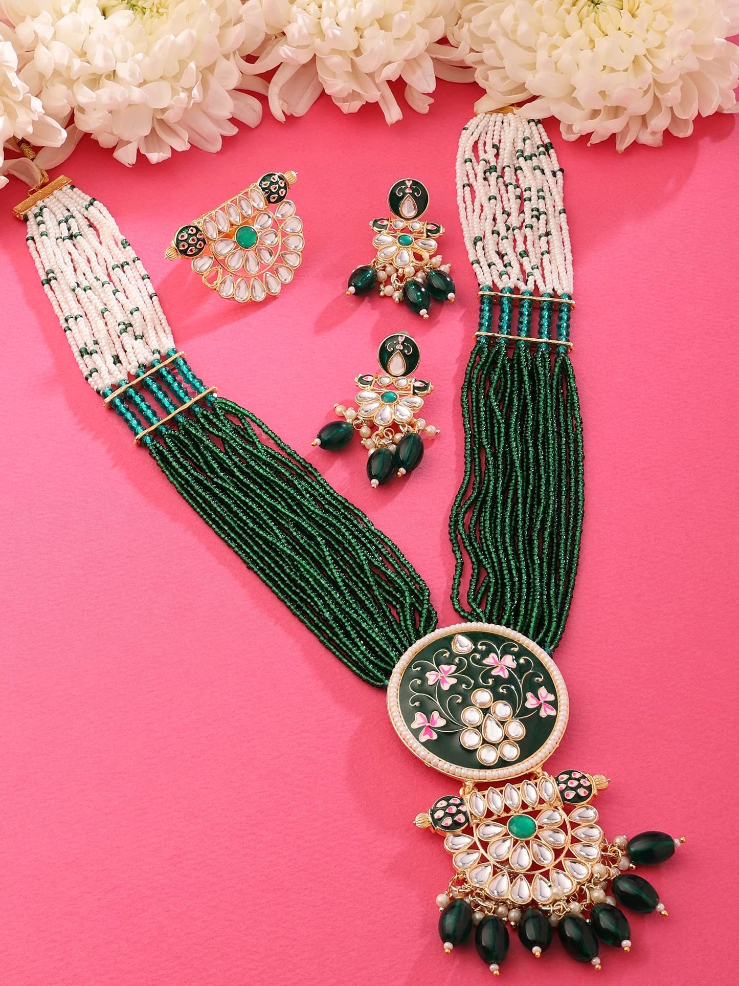 Zaveri Pearls Green Pink Meenakari Multistrand Beaded Long Kundan Necklace Earring & Ring Set For Women-ZPFK15624