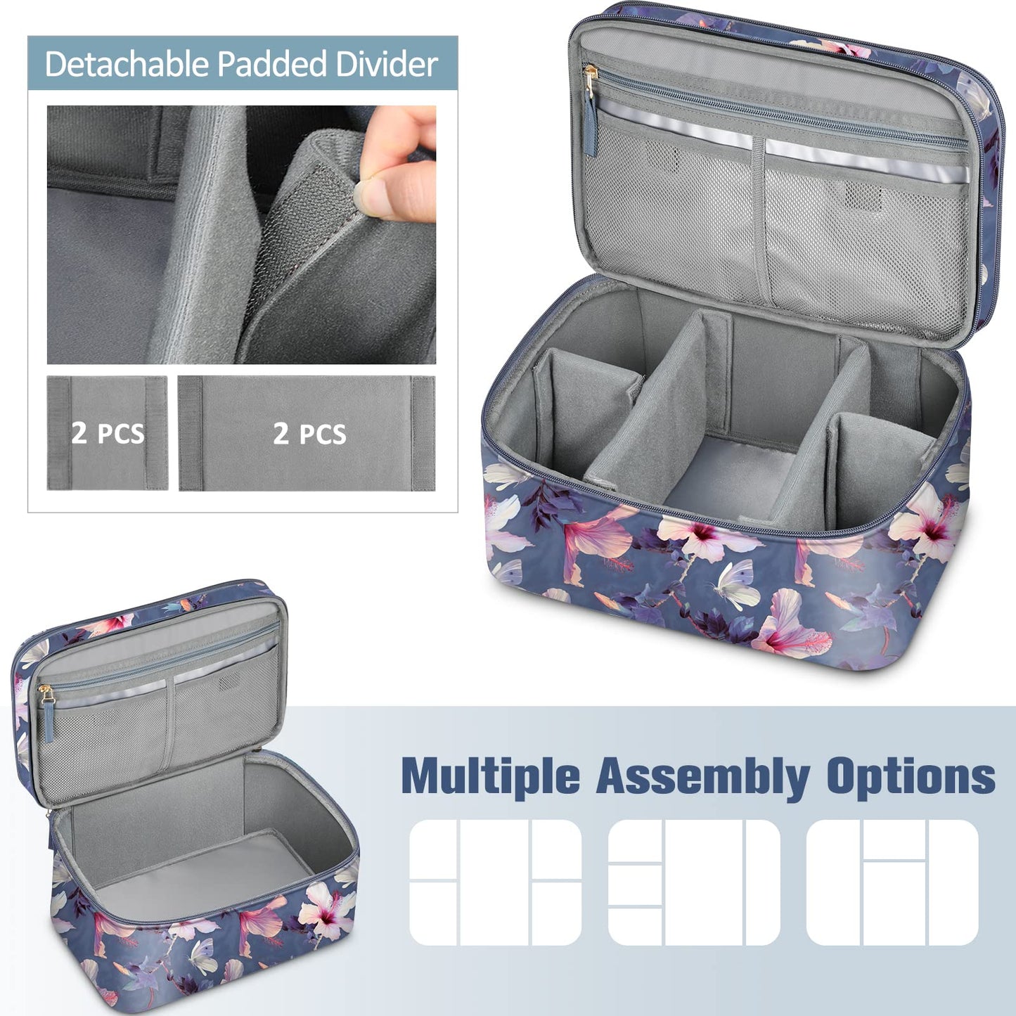 FINPAC Sewing Accessories Storage and Organizer Case, Double-Layer Sewing Kits Carrying Bag with Wrist Pin Cushion for Threads, Needles, Embroidery Floss Supplies, Felting Kits (Blooming Hibiscus)