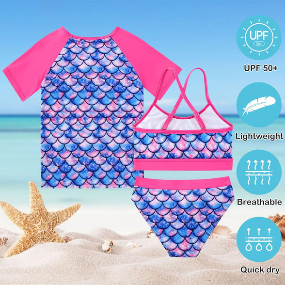 Vogseek Rash Guard Swimwear Girls 3-Piece Short Sleeve Swimsuit Kids Bathing Suit UPF 50+ Quick Dry Bikini Girls 7T-13T