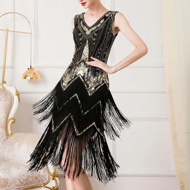 Great Gatsby 1920's Party Sequin Tassel Flapper Dress V Neck Vintage Beaded Evening Dress, Blackgold/M