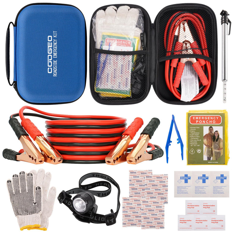 Roadside Assistance Emergency Kit Multipurpose Bag Car Premium with Battery Jumper Cable Kit for Car, Vehicle, Truck or SUV for Men or Women, Blue