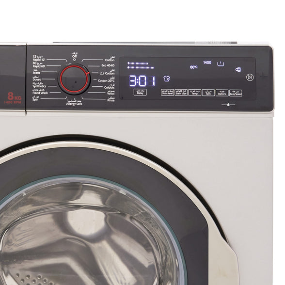 Hoover Washing Machine Front Load Fully Automatic , 8Kg 1400 RPM , Pyrojet Technology Washer, Silver , Made In Turkey , Hwm-V814-Ps"Min 1 year manufacturer warranty"