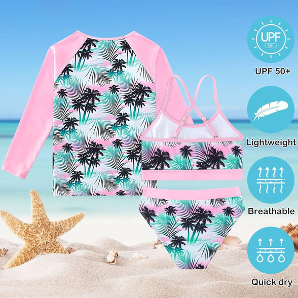 Vogseek Rash Guard Swimwear Girls 3-Piece Short Sleeve Swimsuit Kids Bathing Suit UPF 50+ Quick Dry Bikini Girls 7T-13T