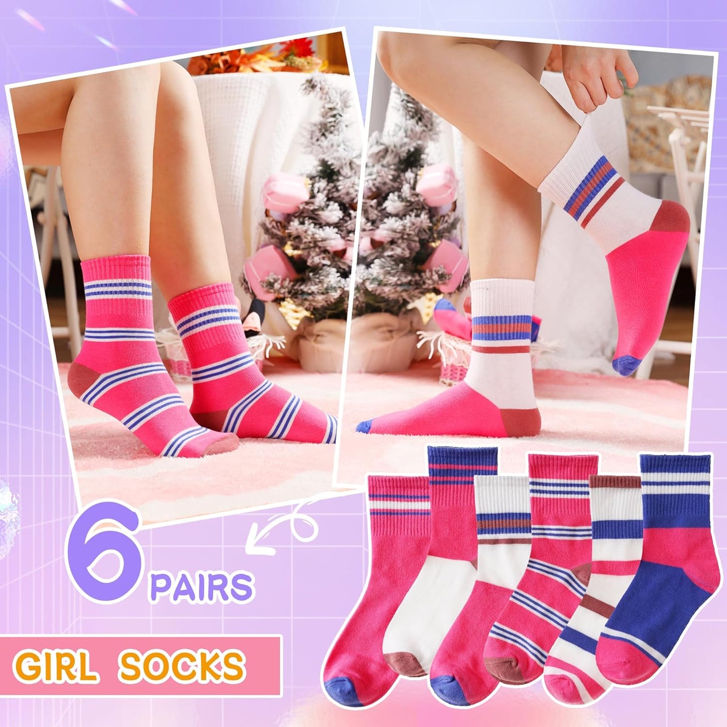 Eyean Girls Athletic Crew Socks Kids Cotton Sports Soft Breathable Casual Socks 6 Pairs