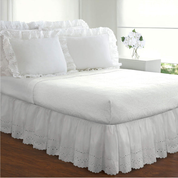 FRESH IDEAS Ideas Ruffled Eyelet Bed Skirt Dust Ruffle With Gathered Styling And Embroidered Details, 14" Drop Length, Queen, White