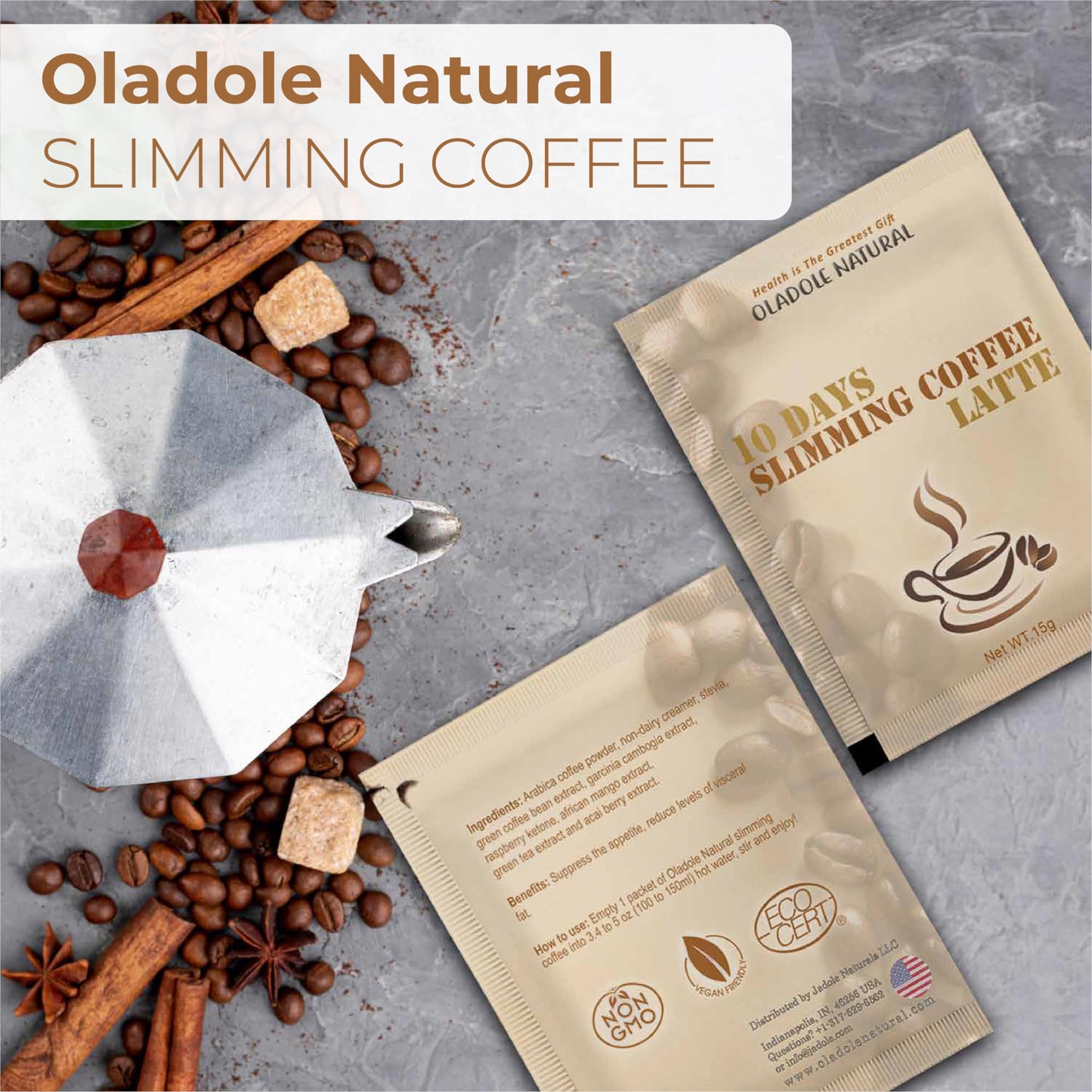 Oladole Natural Latte Slimming Coffee 15g 10 Packets for Weight Loss with Super Ingredients Acai Berry, Raspberry Ketone, Garcinia Cambogia, African Mango, Green Coffee & Tea Extract