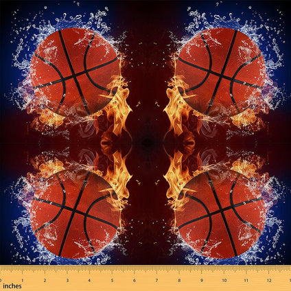 Basketball Fabric by The Yard, 3D Sports Game Upholstery Fabric, Iron and Fire Ball Player Decorative Fabric, Ball Gaming Indoor Outdoor Fabric, DIY Art Waterproof Fabric, Orange Blue, 1 Yard