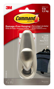 Command FC13-BN Forever Classic Nickel Hook, Large, Holds 2.2 kg, each hook, Silver color, Indoor Use, Decorate Damage-Free, 1 hook and 2 strips/pack