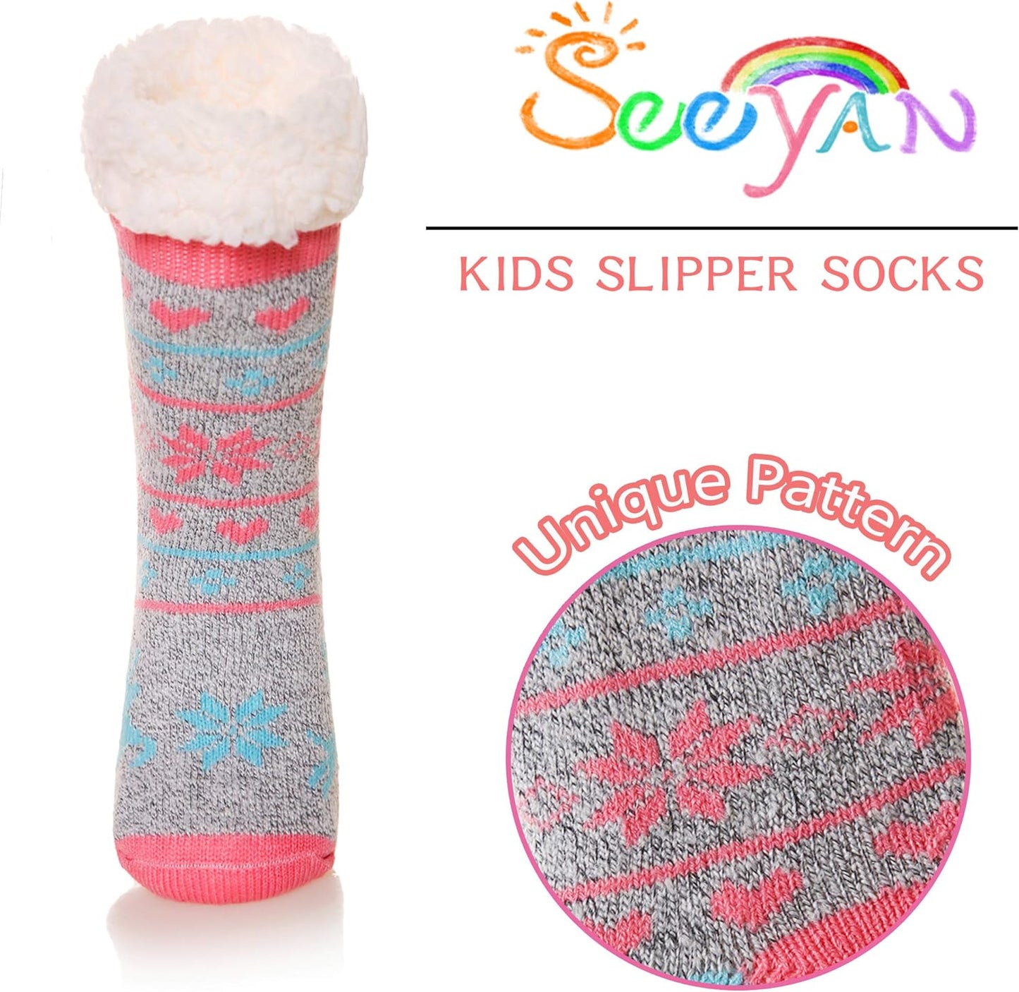 Kids Fuzzy Slipper Grip Socks Boys Girls Non Slip Winter Thick Fluffy Warm Soft Plush Thermal Crew Socks 6 Pairs