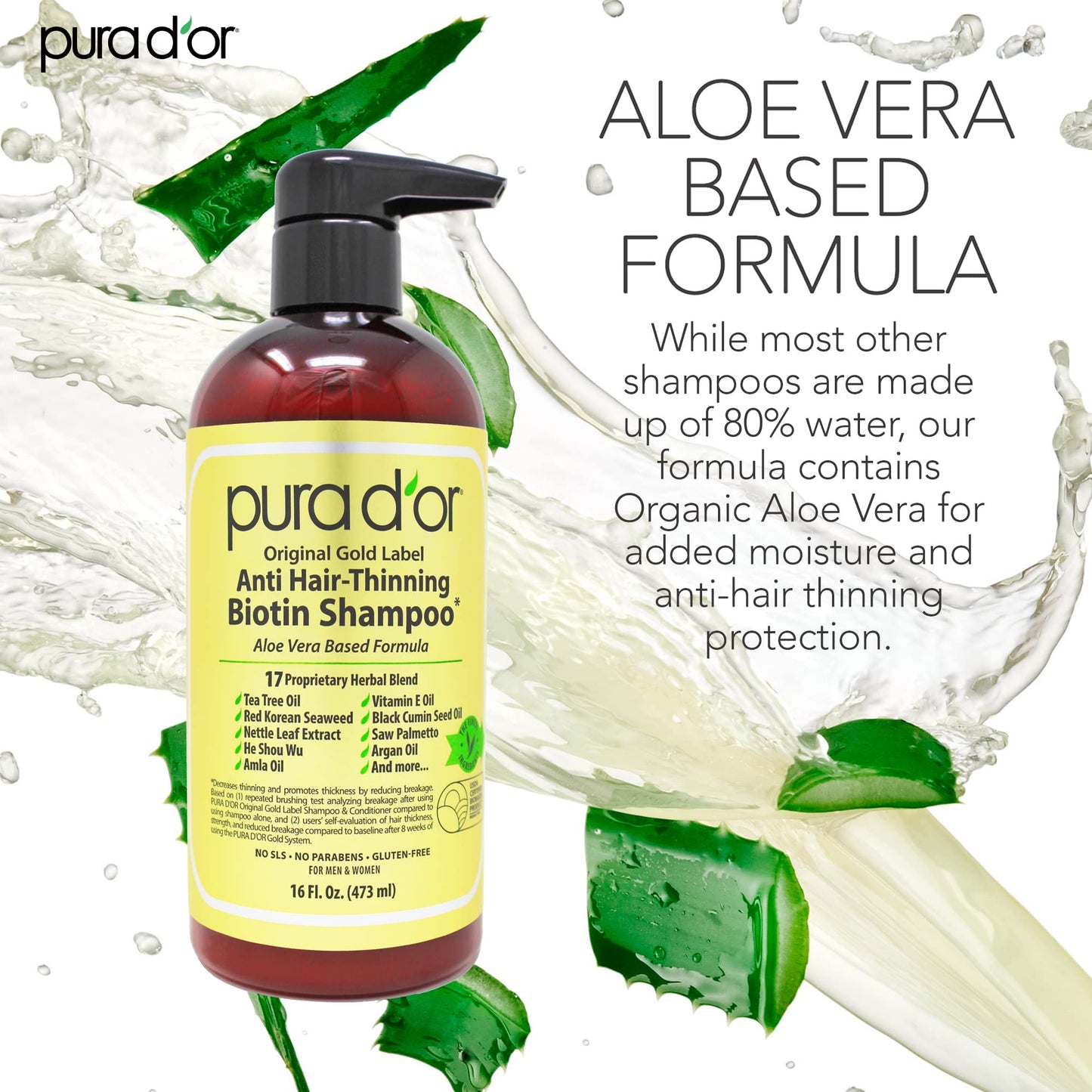 PURA D'OR Original Gold Label Anti-Thinning Biotin Shampoo (16oz) w/ Argan Oil, Nettle Extract, Saw Palmetto, Red Seaweed, 17+ DHT Herbal Actives, No Sulfates, Natural Preservatives, For Men & Women