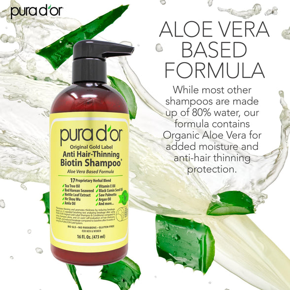 PURA D'OR Original Gold Label Anti-Thinning Biotin Shampoo (16oz) w/ Argan Oil, Nettle Extract, Saw Palmetto, Red Seaweed, 17+ DHT Herbal Actives, No Sulfates, Natural Preservatives, For Men & Women