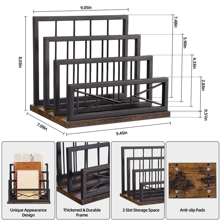 Snughome Desktop Mail Organizer, Desk Mail Organizer with 3-Slot Matte Black Metal Desktop Mail Sorter, Metal Storage File Holder Letter Sorter Organizer for Home or Office Desktop, Rustic Brown