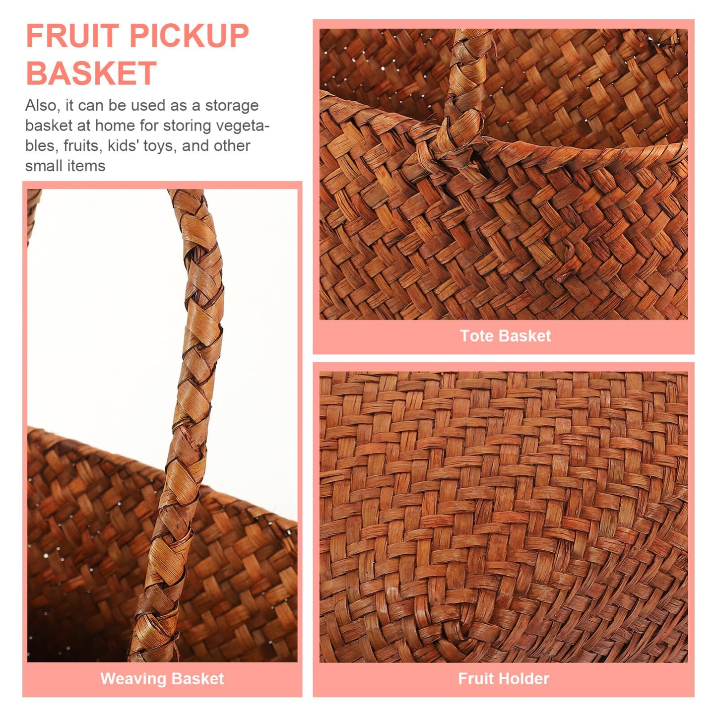 Woven Storage Basket Market Basket with Handle Straw Woven African Basket Grocery Shopping Bag Fruit Vegetables Basket Wicker Picnic Basket for Home Travel Straw Beach Bags