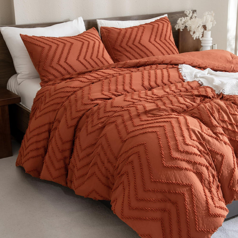 Andency Burnt Orange Comforter for Queen Size Bed, 3 Pieces Terracotta Boho Fall Chevron Bedding Comforter Set (1 Tufted Comforter & 2 Pillowcases), Lightweight Rust Microfiber Bed Set for All Seaon