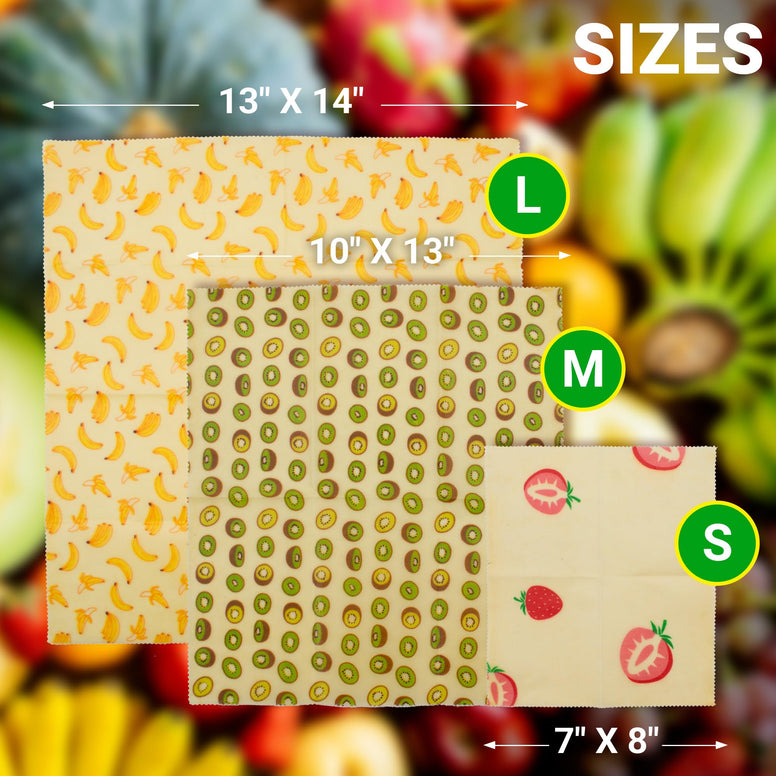EZGOODZ Reusable Soy Wax Wrap S, M, L. Pack of 3 Soy Wax Food Wraps. Washable Reusable Wax Food Wrap with Fruit Print. Organic Soy Wax Paper Food Wrap for Sandwiches. Wax Wraps for Food Reusable