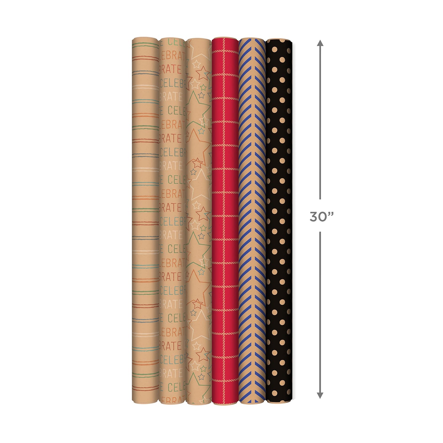 Hallmark Recyclable Wrapping Paper with Cutlines on Reverse (6 Rolls: 120 Square Feet Total) Red Grid, Blue Chevron, Rainbow Stars,"Celebrate" on Kraft Brown for Birthdays, Graduations, Father's Day