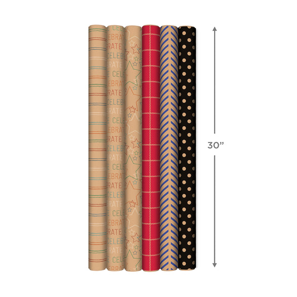 Hallmark Recyclable Wrapping Paper with Cutlines on Reverse (6 Rolls: 120 Square Feet Total) Red Grid, Blue Chevron, Rainbow Stars,"Celebrate" on Kraft Brown for Birthdays, Graduations, Father's Day