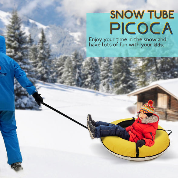 PICOCA Heavy Duty Snow Tube for Sledding, 40” Snow Tubes with Mini Tube Seat Cushion and Canvas Cover Durable Sledding Tube with 6.5ft Tow Rope for Adults Kids