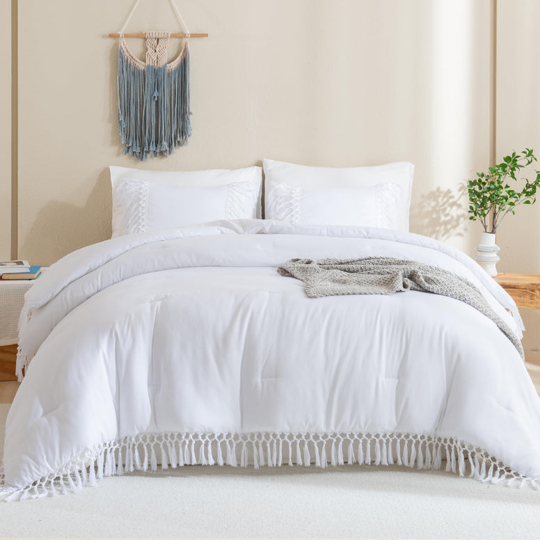 Andency White Comforter Set California King, 3 Pieces Boho Tassel Lightweight Summer Soft Bedding Comforter Sets for King Bed, All Season Fluffy Fringe Bed Set (104x96In Comforter & 2 Pillowcases)