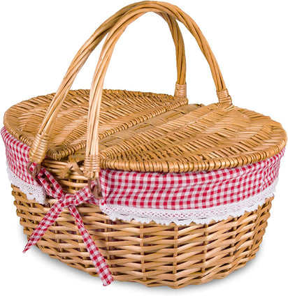 Wicker Picnic Basket with Lid and Handle, Natural Study Willow Basket with Washable Liner, Vintage-Style Woven Easter Basket for Picnic, Camping, Outdoor, Red/White Gingham