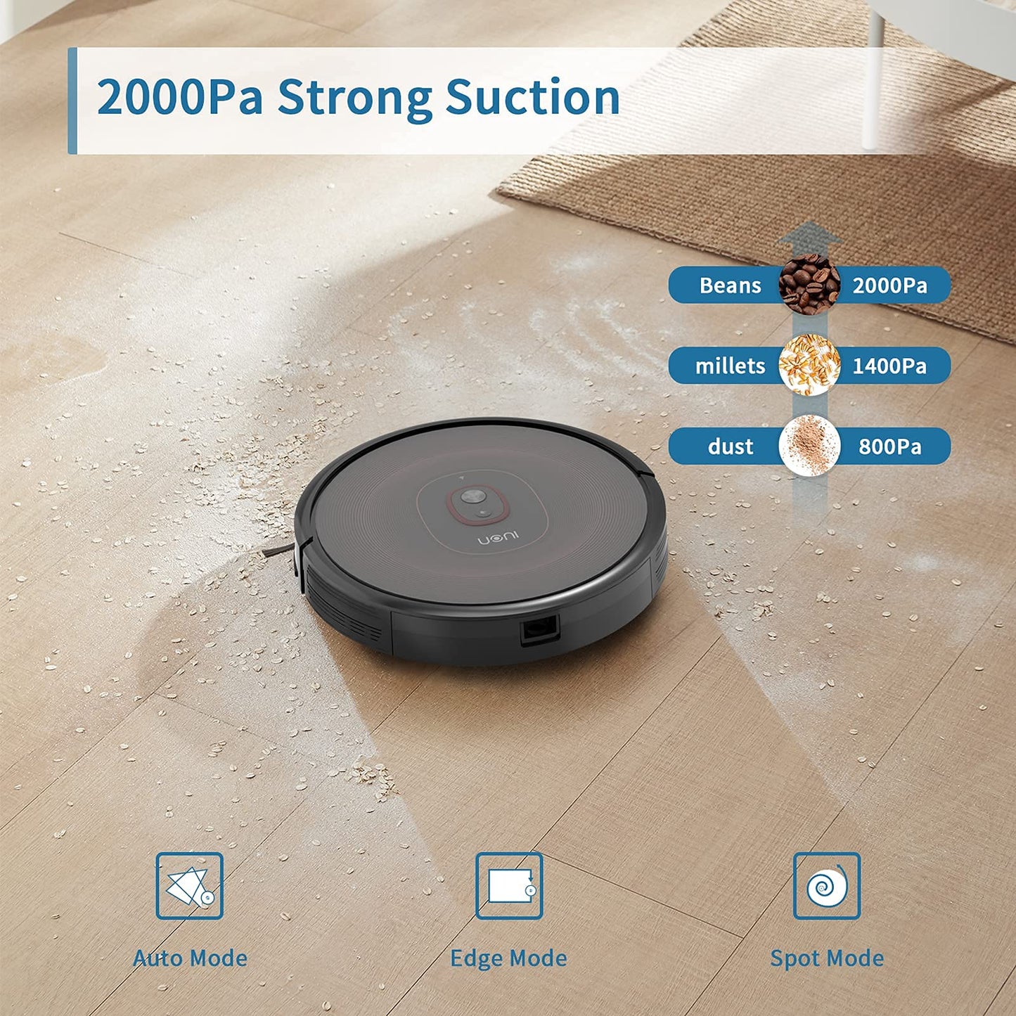 Uoni S1 Robot Vacuum Cleaner, Works with Alexa, Quiet, Super-Thin, 2000Pa Strong Suction, Wi-Fi Connected, Self Charging Robotic Vacuum Cleaner, Ideal for Pet Hair, Hard Floors and Carpets(Black)