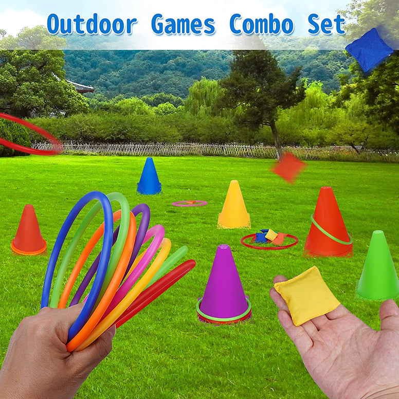 Coolchic 3 in 1 Outdoor Games Combo Set for Kids, 31PCS Coolchic Outdoor Yard Lawn Game, Soft Plastic Cones Bean Bags Ring Toss Game, Gift for Indoor or Outdoor Birthday Party/Carnival