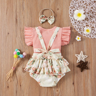 Newborn Baby Girls Summer Clothes Sets Ruffle Sleeve Top T-Shirt Floral Suspender Shorts Headband (0-3 Months)