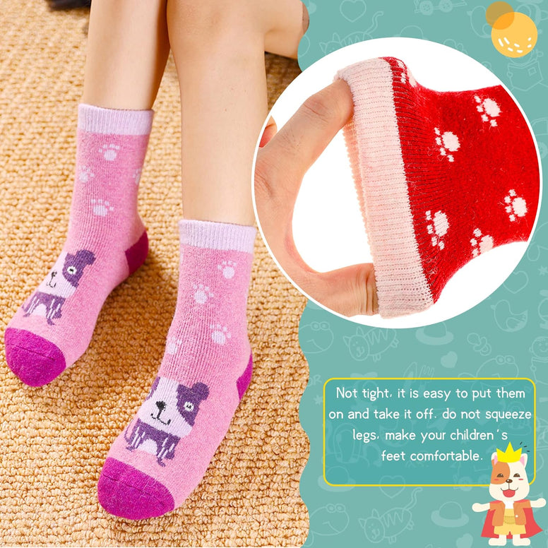 Kids Boys Girls Slipper Socks Warm Thick Fuzzy Fleece Lined Winter Cartoon Thermal Anti-Slip Soft Children's Home Floor Socks