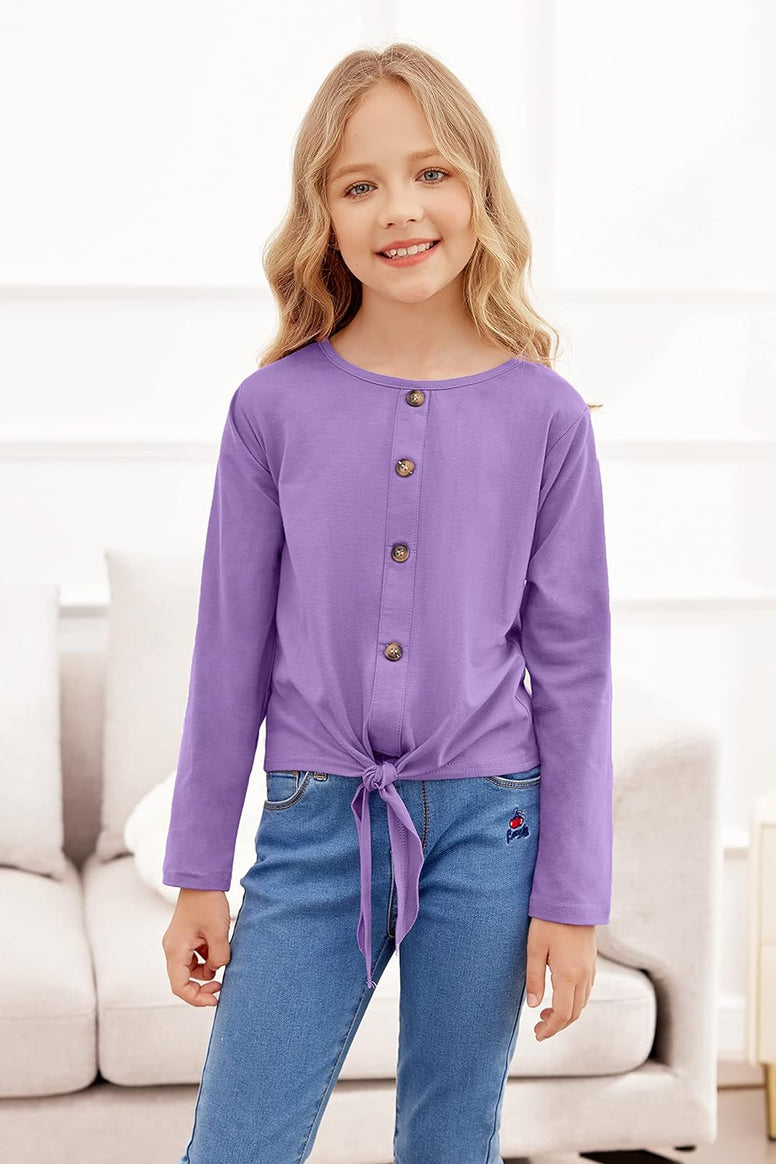 Hopeac Girls Long Sleeve Shirts Tie Front Knot Button Plain Cotton Casual Cute Tunic Tee Tops Blouse Undershirt