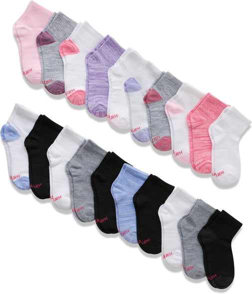 Hanes girls Lightweight Stretch Ankle Socks Super Value Pack, Assorted Multi-color 20-pair Pack, Large Socks (pack of 20)