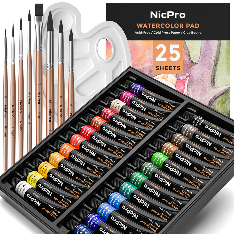 Nicpro Watercolor Paint Kit, Professional Painting Supplies Set 24 Tube Water Color Paints, 8 Synthetic Squirrel Brushes, 25 Papers, Palette, Color Wheel for Artists, Adult