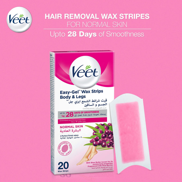 Veet Hair Removal Easy-Gel Wax Strips Body & Legs for Normal Skin, Moisturising Shea Butter and Acai Berries Scent – 20 Wax Strips, Twin Pack