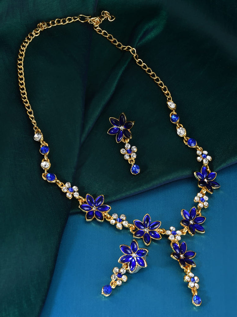 ZAVERI PEARLS Royal Blue Leaf Stone with Austrian Diamond Floral Necklace Set For Women (Blue) (ZPFK5185)
