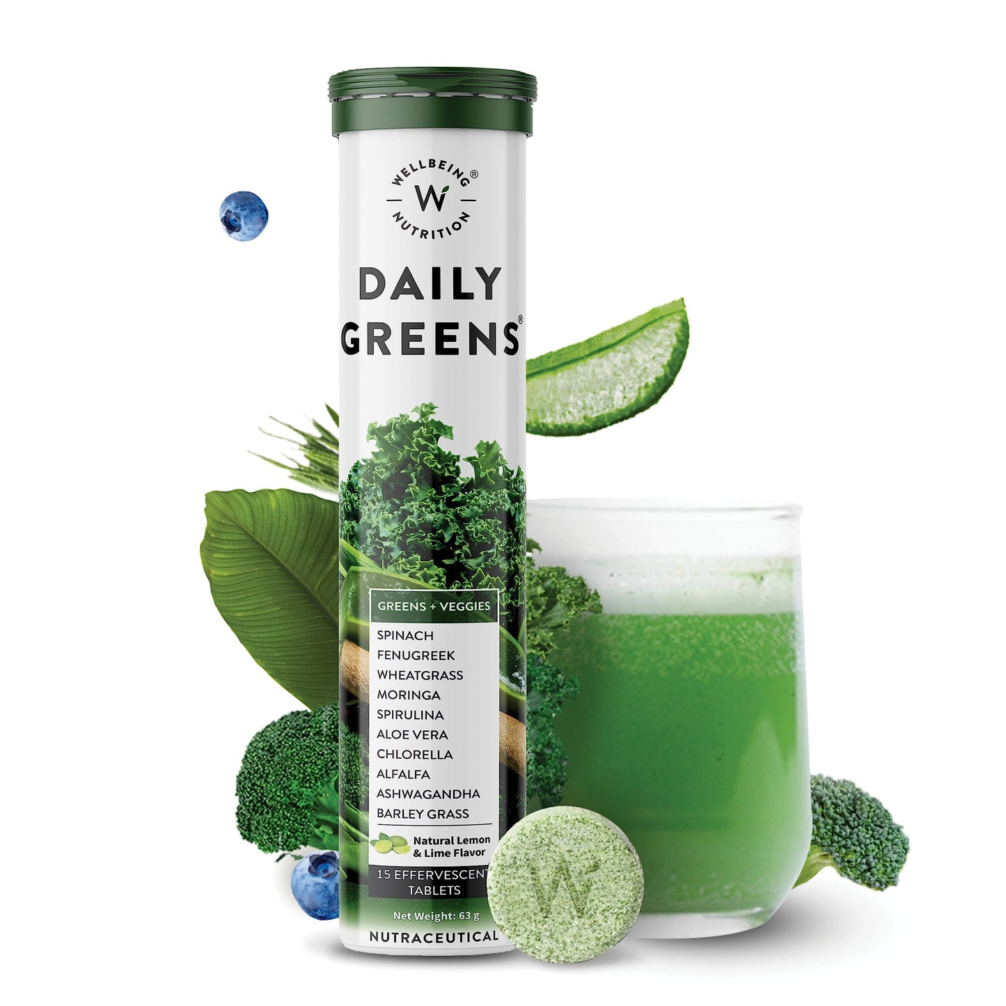 Wellbeing Nutrition Daily Greens, Wholefood Multivitamin with Vitamin C, Zinc, B6, B12, Iron for Immunity and Detox with 39+ Organic Certified Plant Superfoods & Antioxidants(15 Effervescent Tablets)