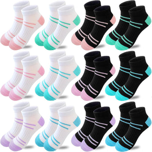 Bemeol 12 Pairs Girls Socks Kids Low Cut Ankle Athletic Socks Cotton Sports Socks