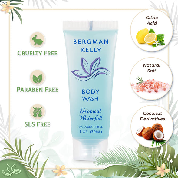 BERGMAN KELLY Travel Size Body Wash (1 fl oz, 100 PK, Tropical Waterfall), Delight Your Guests with an Invigorating and Refreshing Hotel Body Wash, Mini and Small Size Guest Hotel Toiletries in Bulk