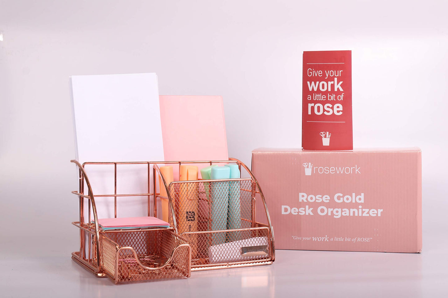 Rosework Rose Gold Desk Organizer | Drawer + Pen & Pencil Holder | 6 Compartments | Exclusive Rose Gold Edition