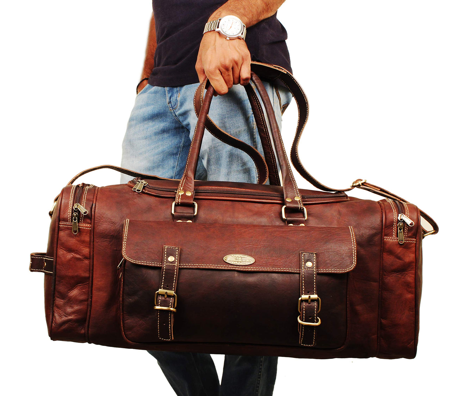 Hulsh Leather Duffle Bags for Men 24 Inch | Vintage Brown Genuine Leather Travel Bags for Mens Overnight Weekend | Best Full Grain Leather Luggage Duffel Carry On Weekender Sports Gym Bag for Women