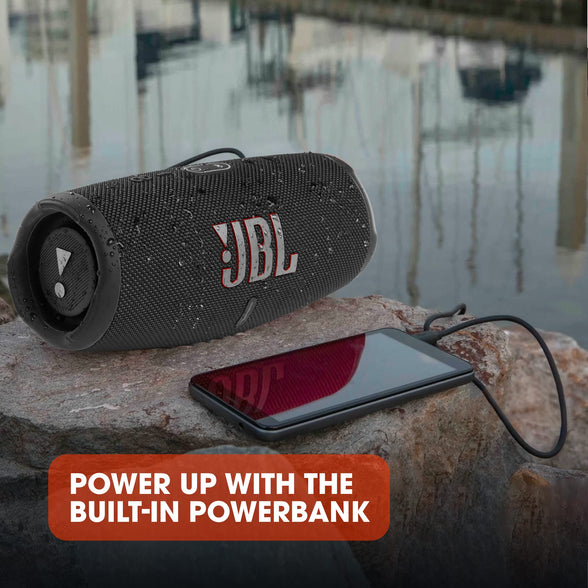 JBL Charge 5 مكبر صوت محمول، باوربانك مدمج، صوت JBL Pro قوي، مشعات جهير مزدوجة، بطارية 20 ساعة، IP67 مقاوم للماء والغبار، بث لاسلكي، اتصال مزدوج - أسود، JBLCHARGE5BLK