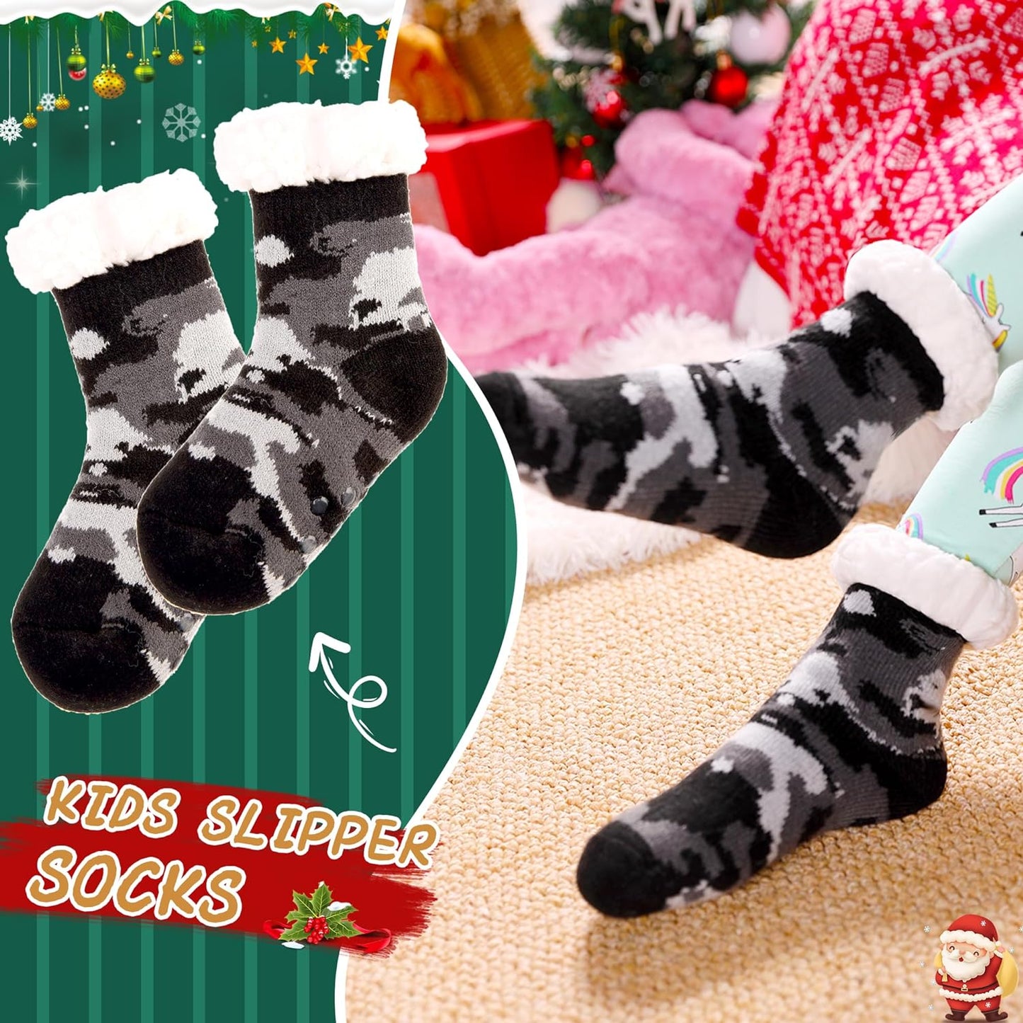 Kids Boys Girls Slipper Socks Warm Thick Fuzzy Fleece Lined Winter Cartoon Thermal Anti-Slip Soft Children's Home Floor Socks