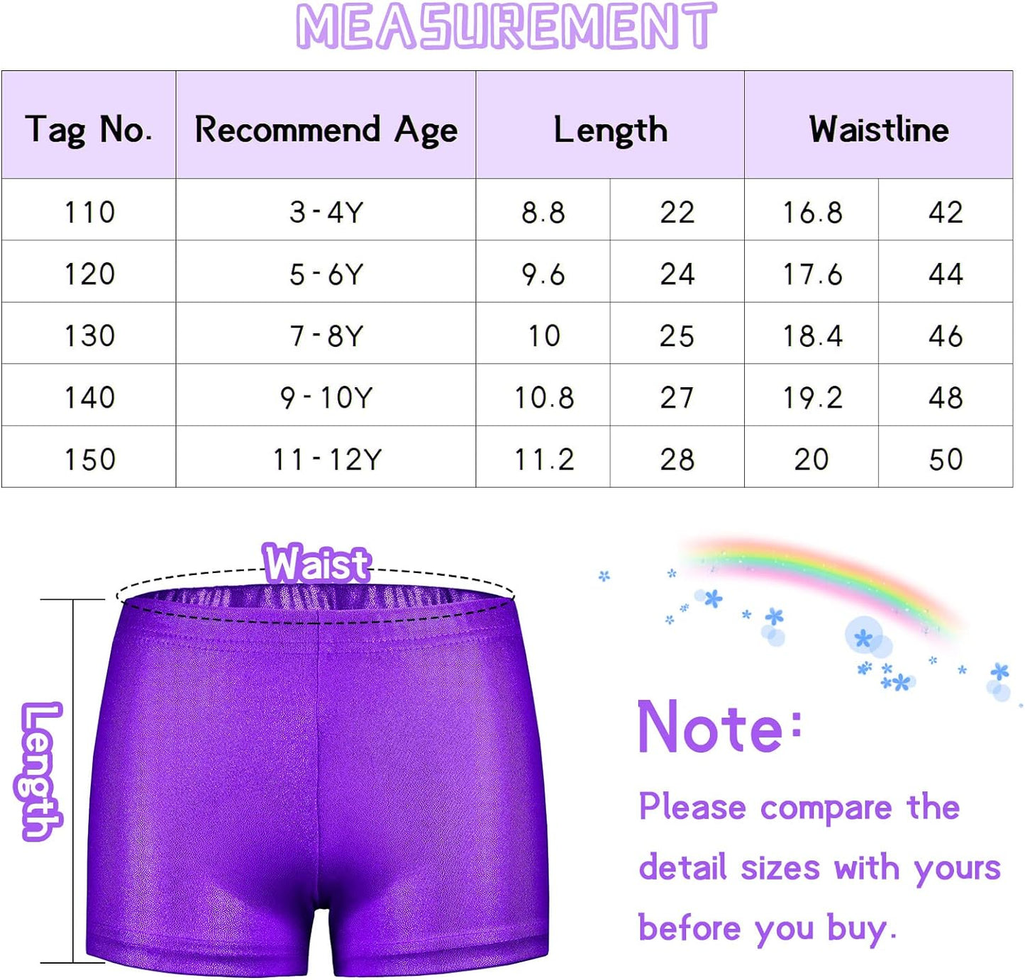 SEAUR - Girls Shorts for Dance Metallic Shiny Ballet Dance Shorts Stretch Slim Fit Athletic Gymnastics Short Performance Hot Pants for Ages 3-12