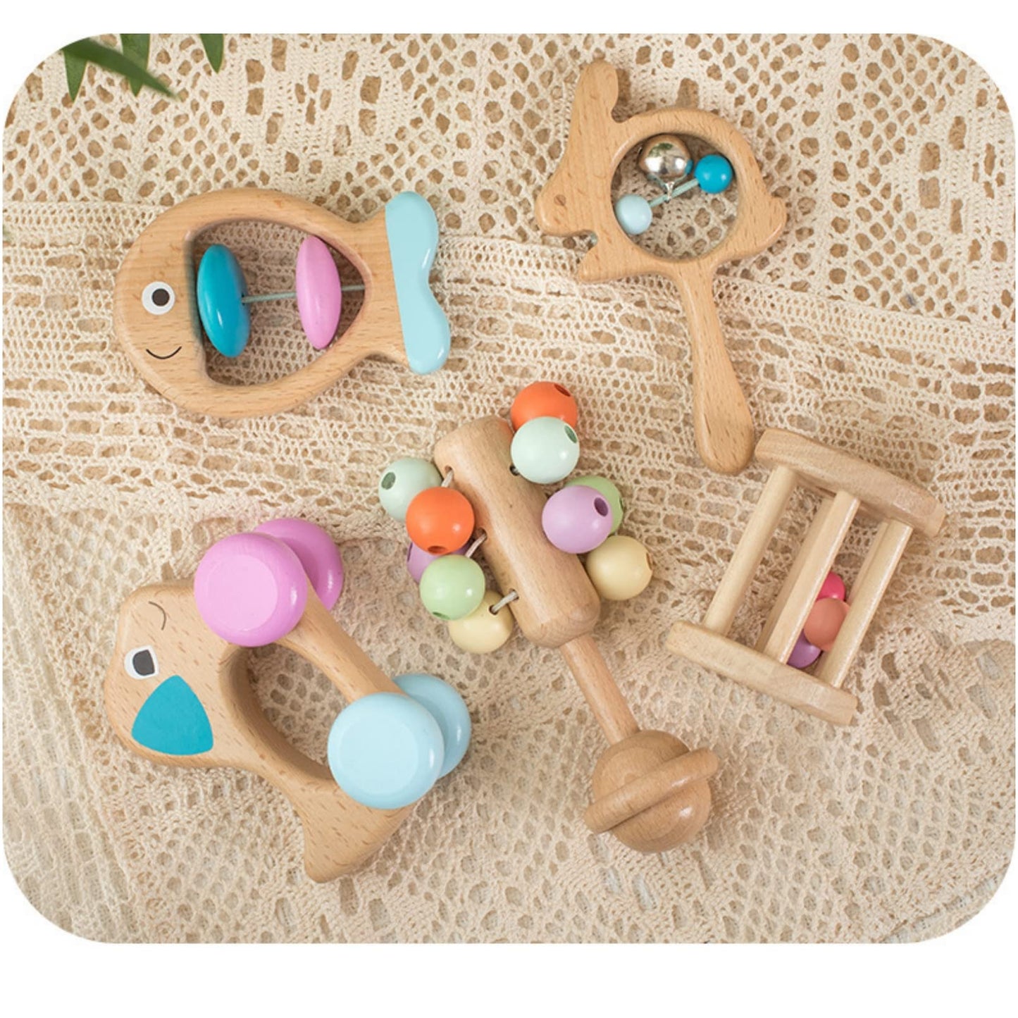 AM ANNA Wooden Rattle for Baby 0-6 months ,5 Pcs Wooden Baby Rattle Toy with Bells,Rolling Rattles,Montessori Wood Baby Dog for Newborns Infant Boys and Girls Gifts