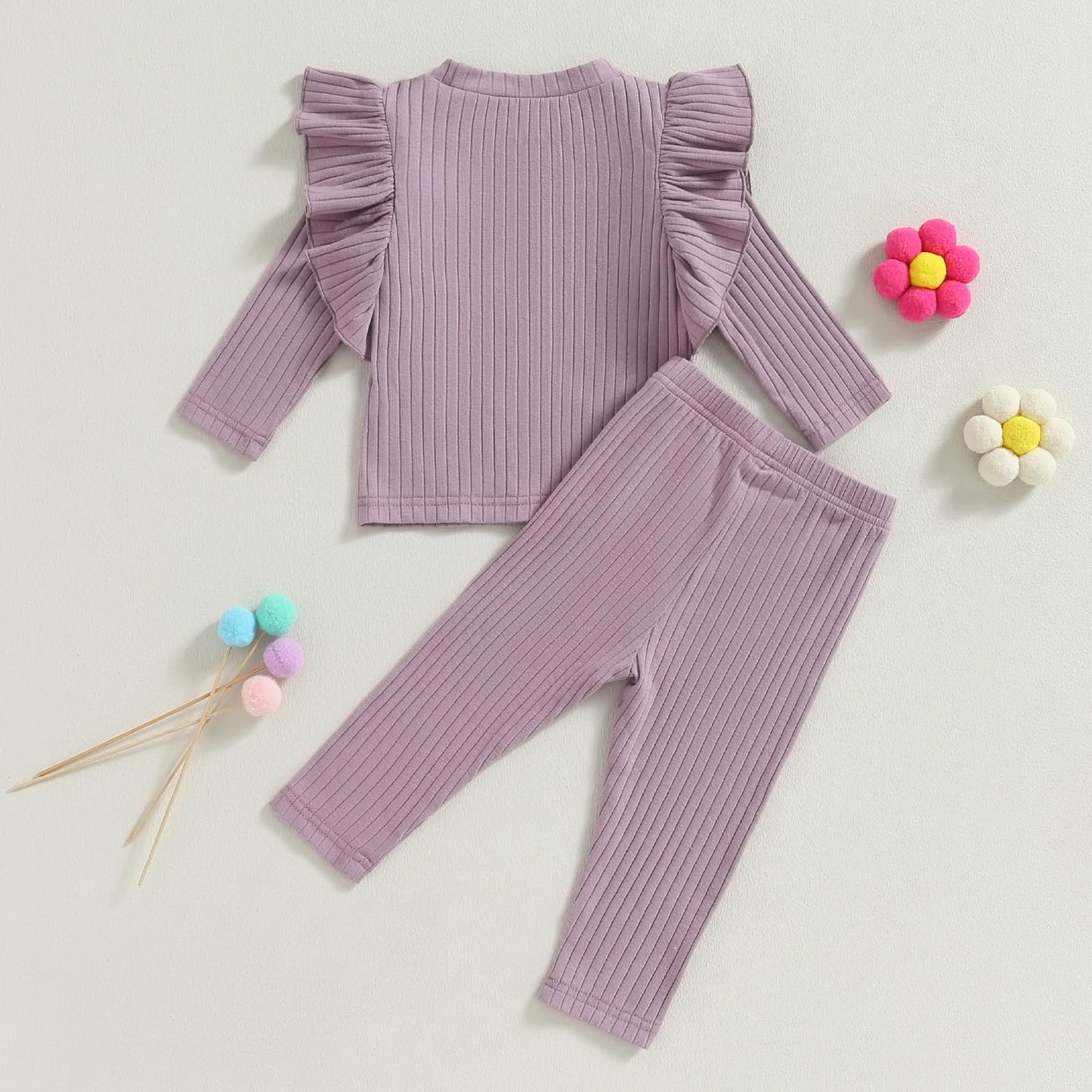 KtwHarnu Baby Girl Fall Clothes Solid Color Ribbed Ruffle Long Sleeve T-Shirt Tops Elastic Waist Pants Set 2Pcs Casual Outfit 3-6 Months